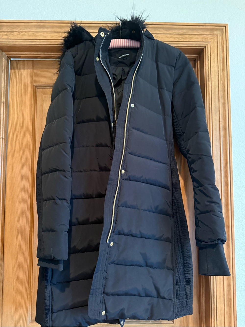 Express Black Quilted Long Down Puffer Coat with Faux-Fur Hood Trim